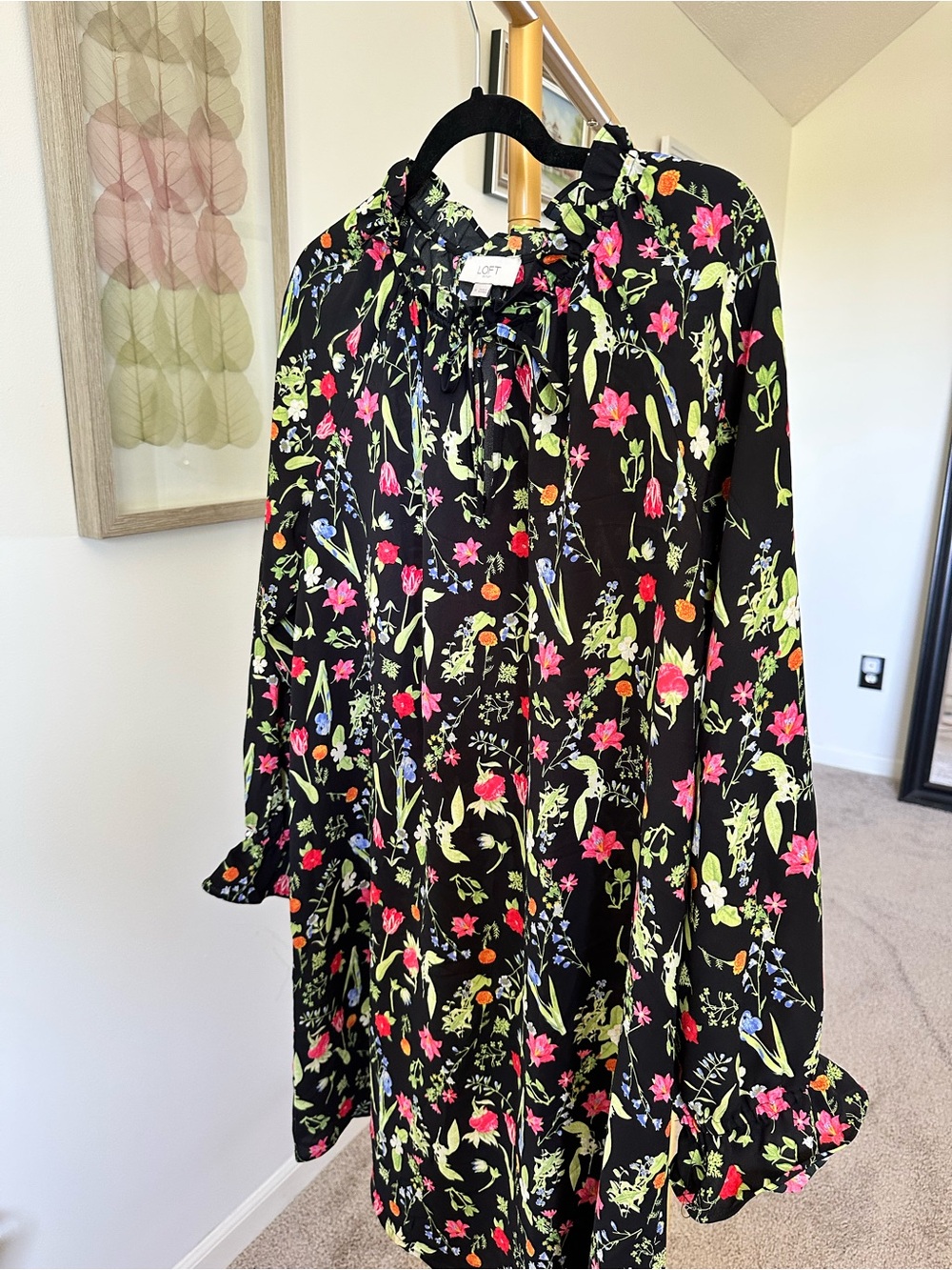LOFT Black Floral Tie-Neck Dress with Floral print - size M
